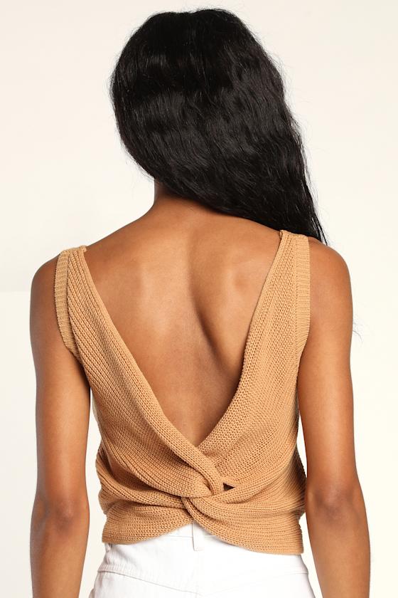 Let's Get Away Tan Knit Twist Back Tank Top 10