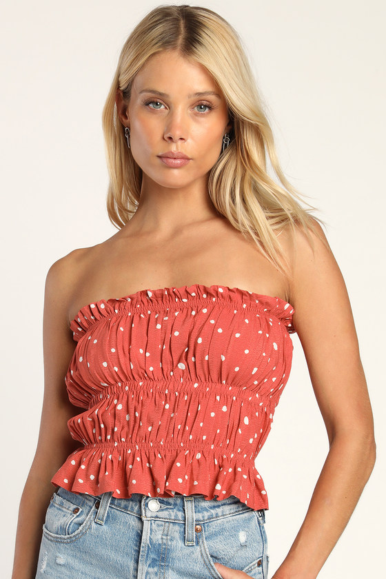 Strolling Through Summer Rust Red Polka Dot Smocked Tube Top