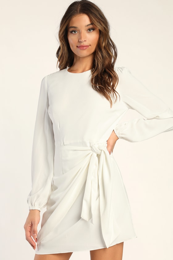 Cute White Dress - Long Sleeve Skater Dress - Tie-Front Dress - Lulus