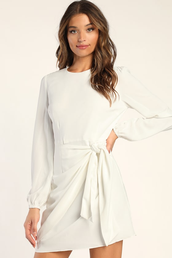 Believe It or Knot White Long Sleeve Tie-Front Skater Dress 12