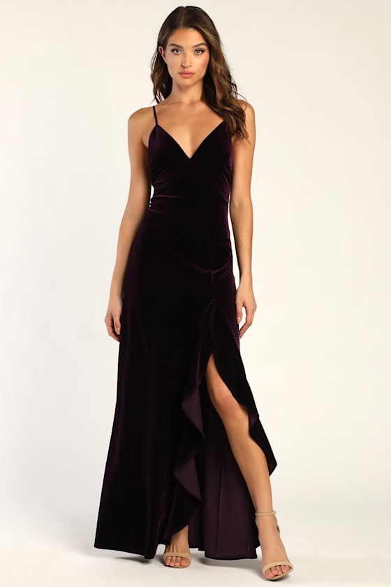 Velvet Ruffle Gown Dark Purple Maxi Dress - Velvet Maxi Dress - Ruffled Dress - Lulus
