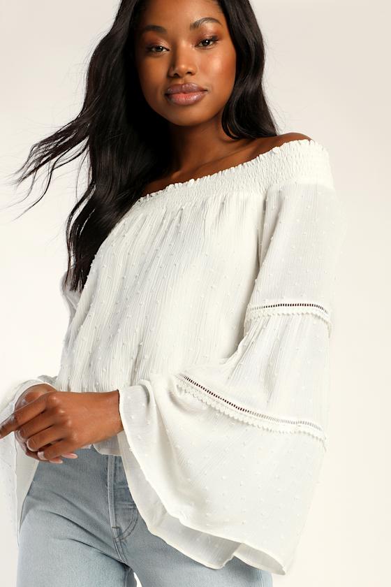 Sunny Story White Lace Bell Sleeve Off-the-Shoulder Top 9