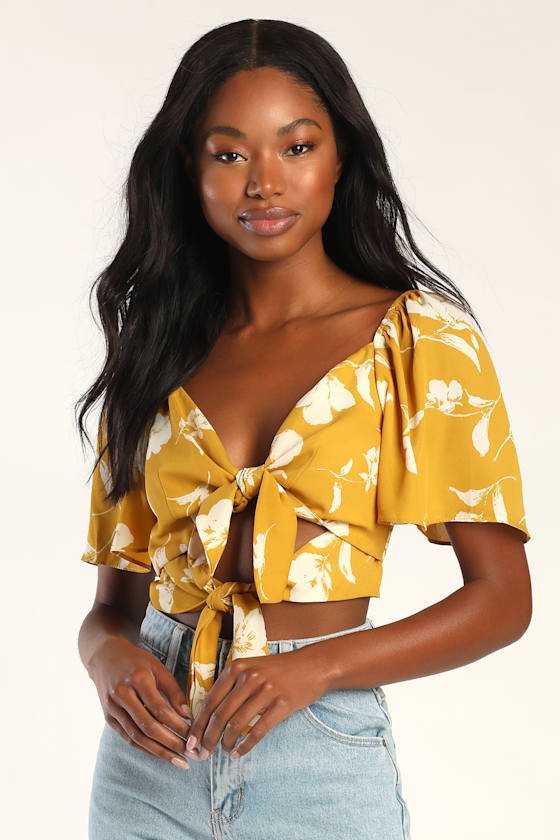 Tied for First Mustard Yellow Floral Print Tie-Front Crop Top 10