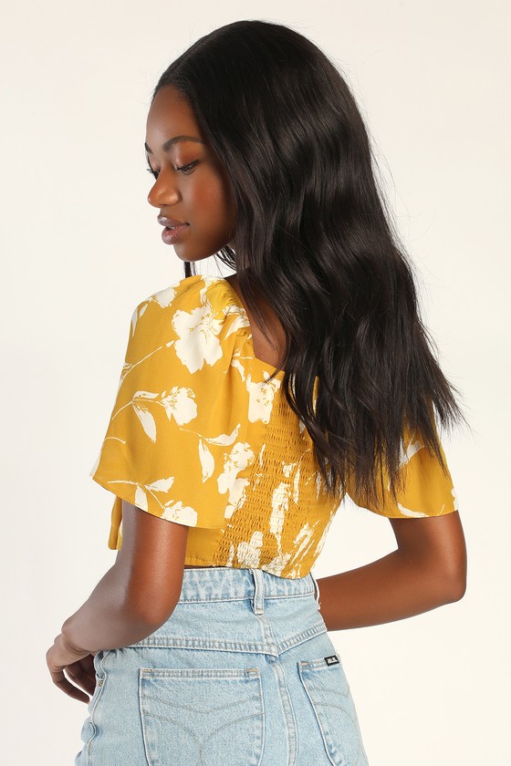 Yellow floral tie front top outlet