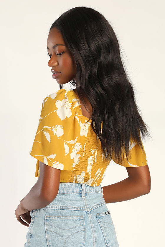 Tied for First Mustard Yellow Floral Print Tie-Front Crop Top 11