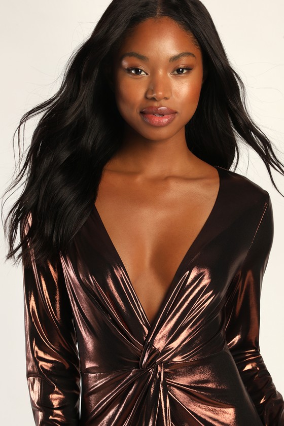 Brown Metallic Dress - Twist-Front Dress - Long Sleeve Maxi Dress - Lulus