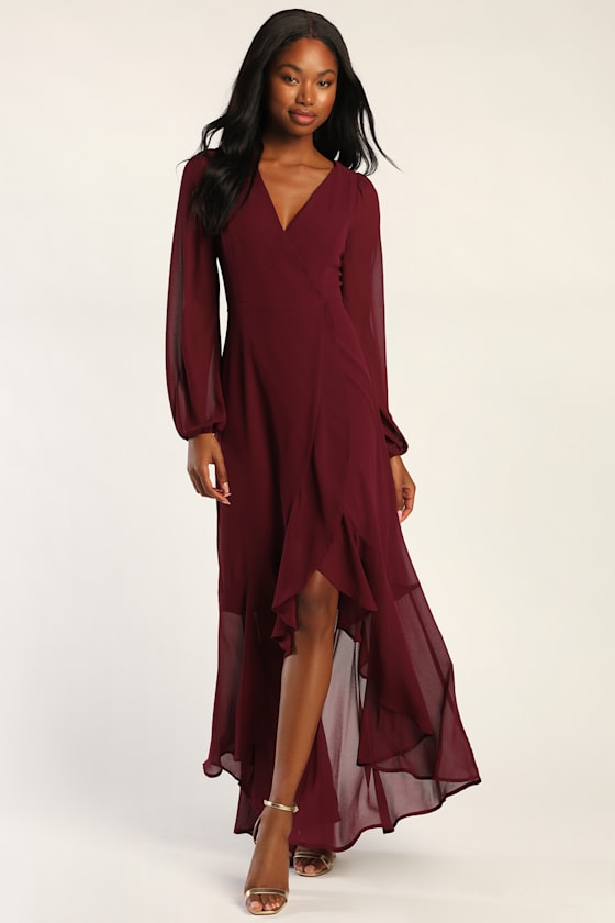 Purple Dress Ruffled HighLow Dress Long Sleeve Maxi Dress Lulus