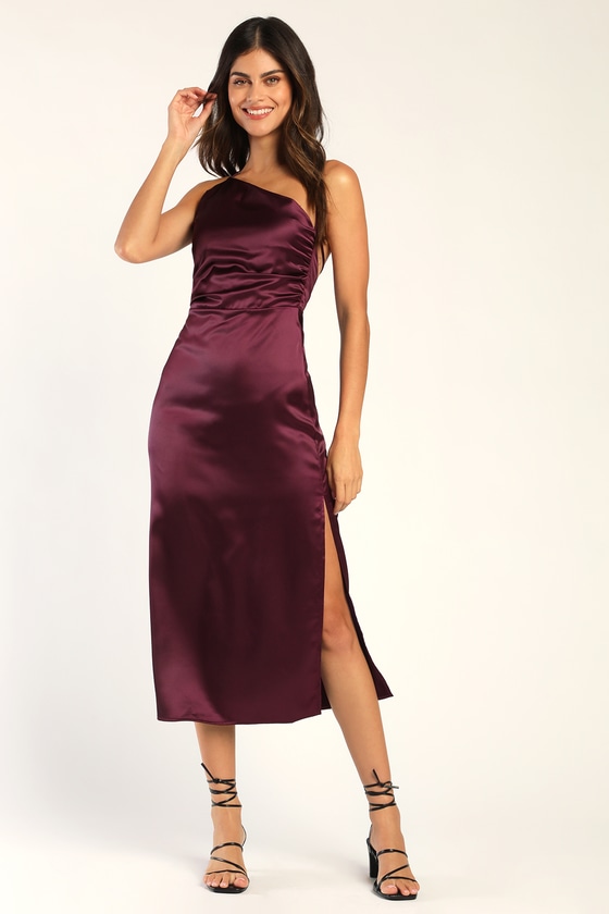 Purple Satin Dress - Asymmetrical Cowl Dress - Satin Midi Dress - Lulus