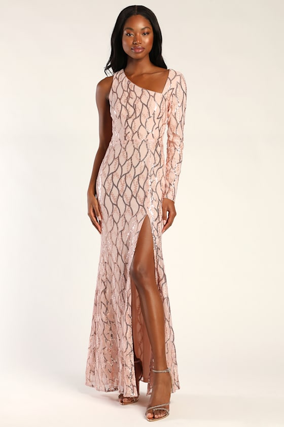 Gleaming and Gorgeous Blush Sequin Asymmetrical Maxi Dress 6