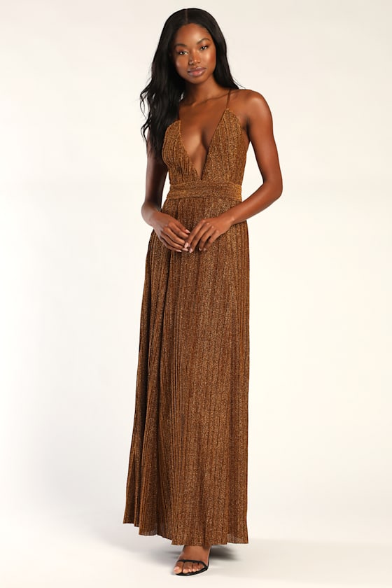 Magical Looks Gold Sparkly Pleated Maxi Dress 5