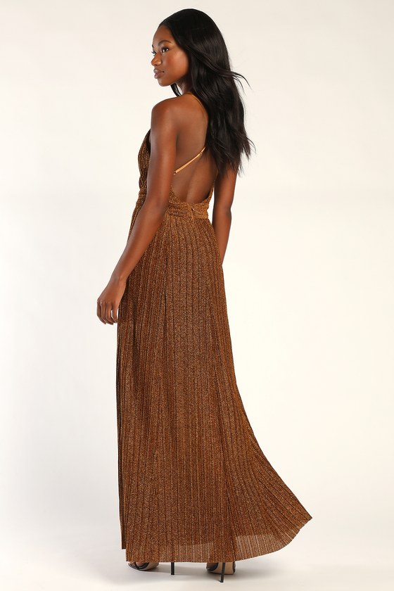 Gold Sparkly Dress - Pleated Maxi Dress - Metallic Dress - Lulus