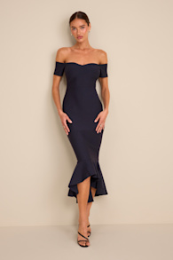 How Much I Care Midnight Blue Off-the-Shoulder Midi Dress 2