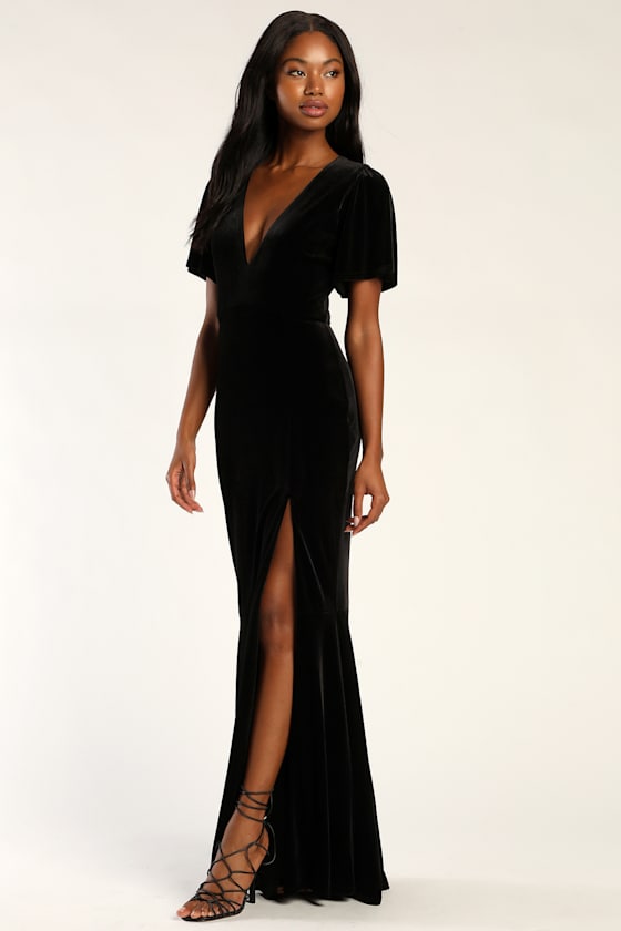 Elegant Evenings Black Velvet Flutter Sleeve Trumpet Maxi Dress 4