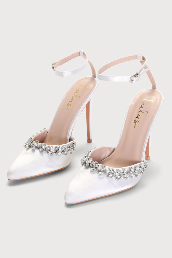 Gluray White Satin Rhinestone Pointed-Toe Pumps 3
