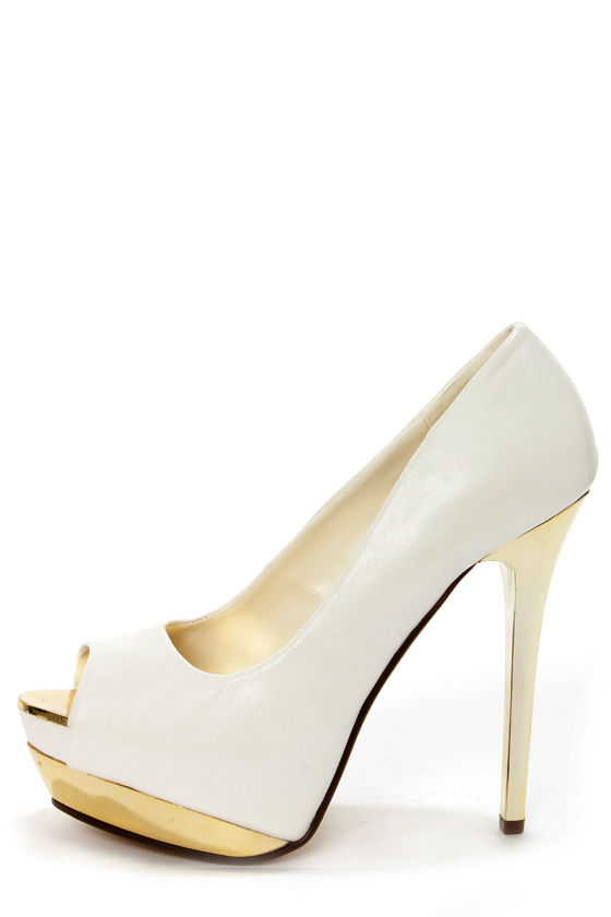 white and gold platform heels