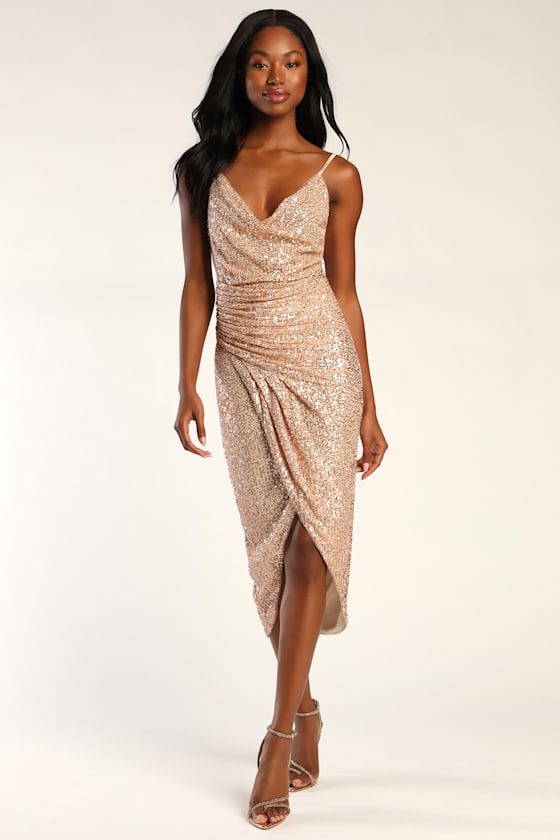 Glamorous Arrival Rose Gold Sequin Midi Tulip Dress 2