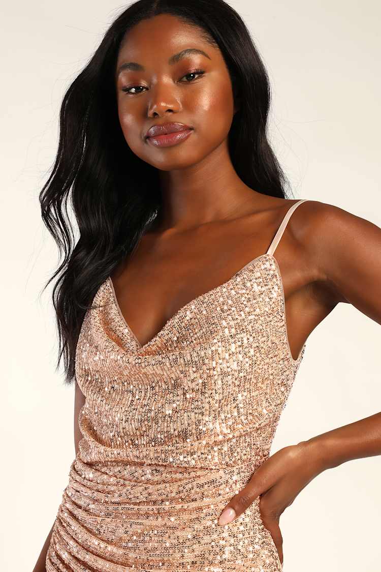 rose gold sequin dress lulus High Life Rose Gold Sequin Square Neck Split Front Maxi Dress – Club L  London