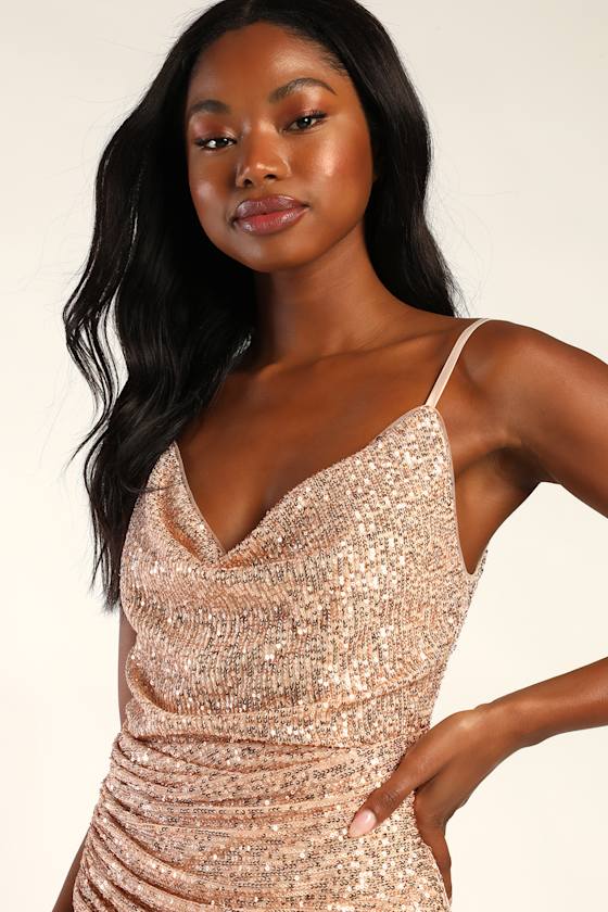 Glamorous Arrival Rose Gold Sequin Midi Tulip Dress 3