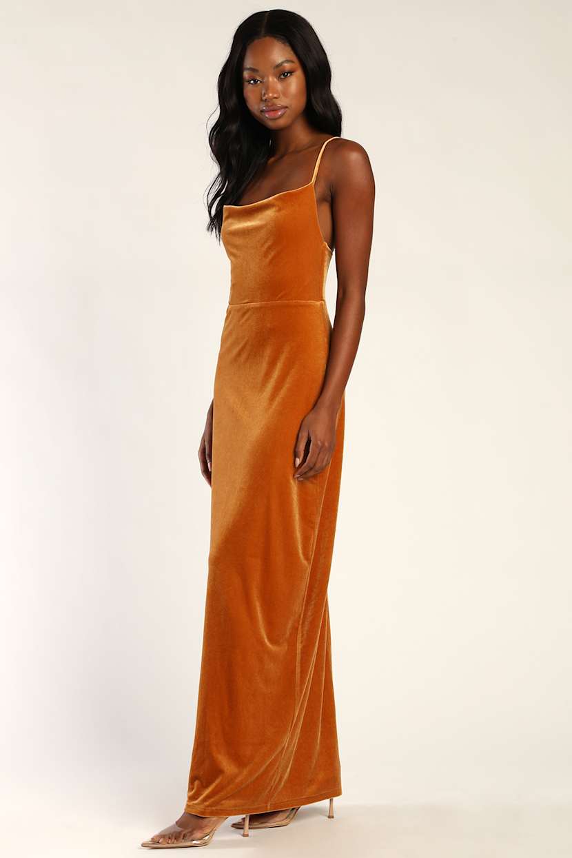 Cowl Neck Gown - Velvet Maxi Dress - Yellow Maxi Dress - Lulus