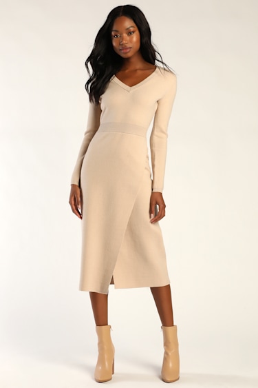 Knit's My Life Beige Long Sleeve Midi Sweater Dress