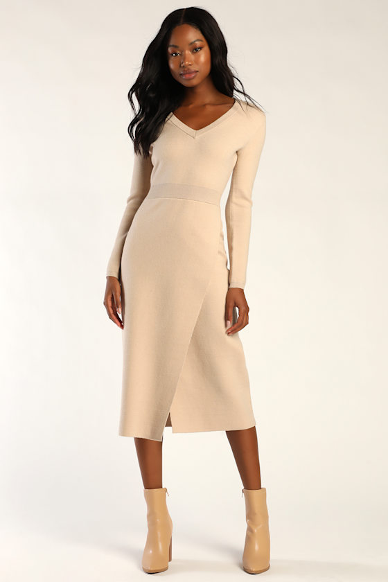 Knit's My Life Beige Long Sleeve Midi Sweater Dress 2