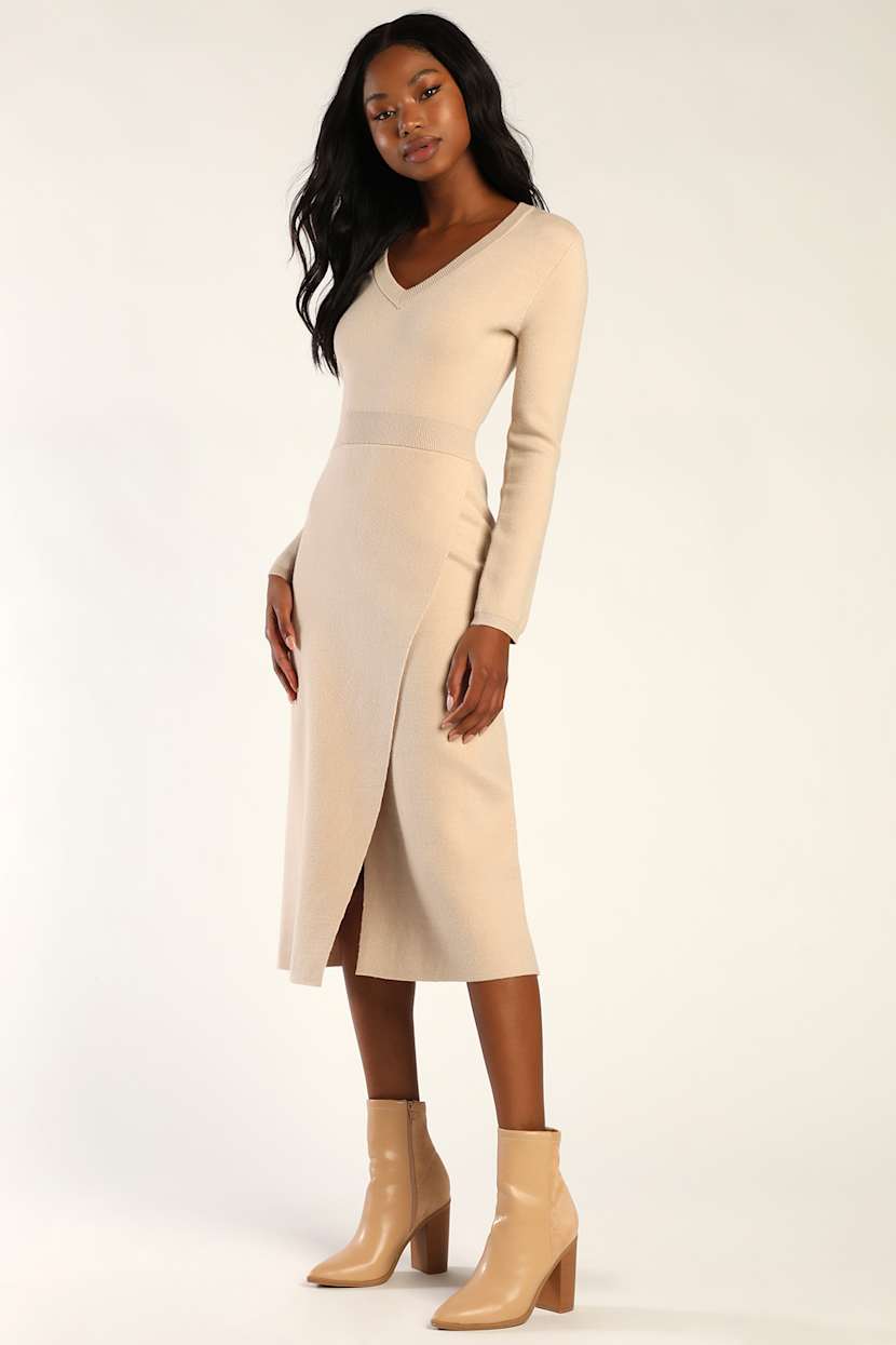 Chic Beige Dress - Long Sleeve Sweater Dress - Midi Sweater Dress - Lulus