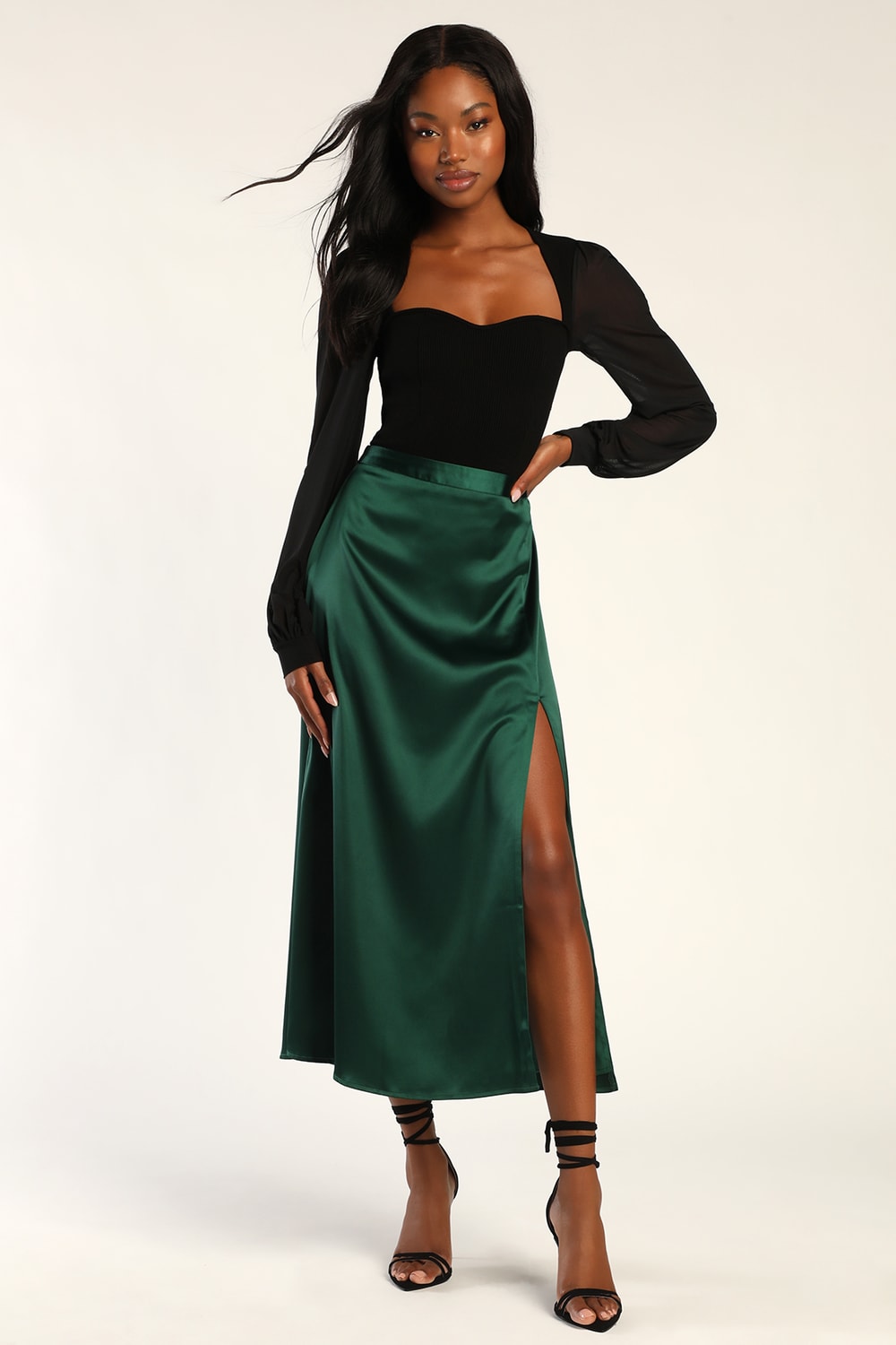 Elegant Blossoms Emerald Green Satin Midi Skirt