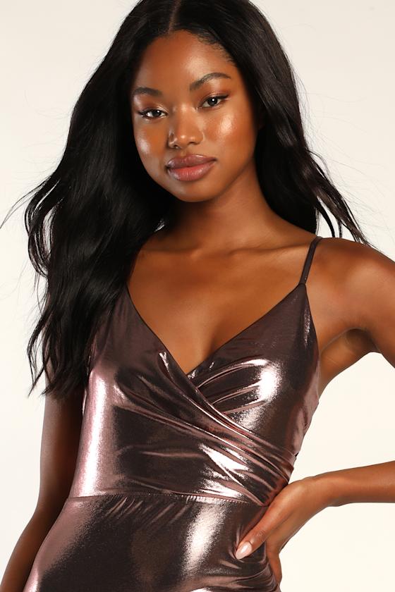 Gorgeous Behavior Shiny Mauve Pink Surplice Mermaid Maxi Dress 3