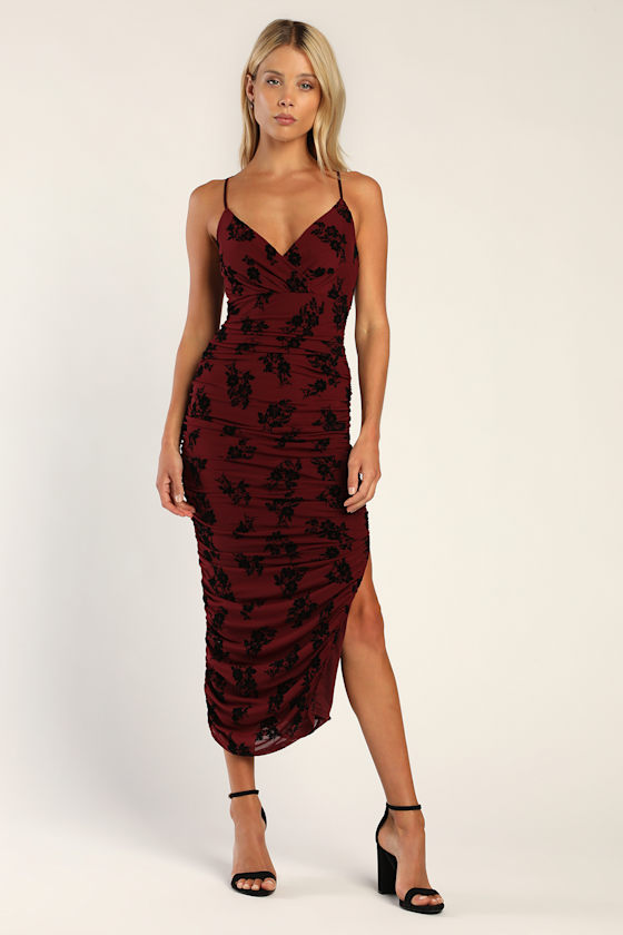 Eloquent Essence Burgundy Burnout Velvet Floral Midi Dress 1
