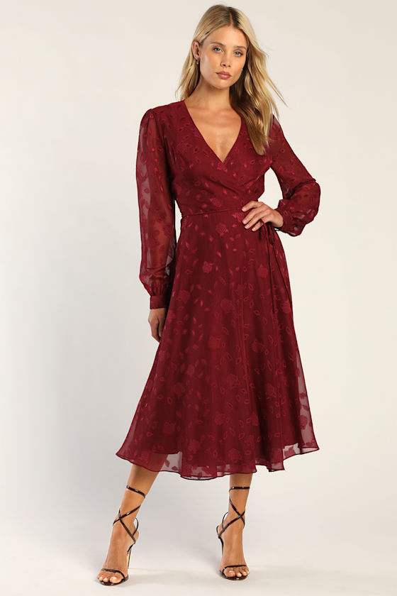 Burgundy Dress - Wrap Midi Dress - Long Sleeve Wrap Dress - Lulus