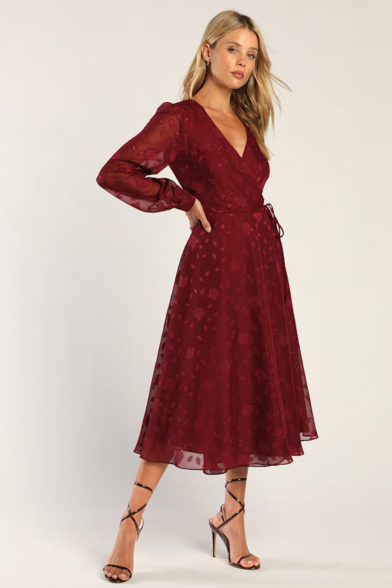 Evening of Elegance Burgundy Floral Jacquard Wrap Midi Dress 3