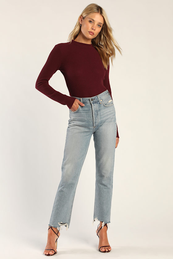Burgundy Waffle Knit Fleece Lined High Low Oversized Hoodie