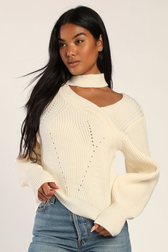 Lulus Trendy Forecast Ivory Pointelle Knit Mock Neck Cutout Sweater