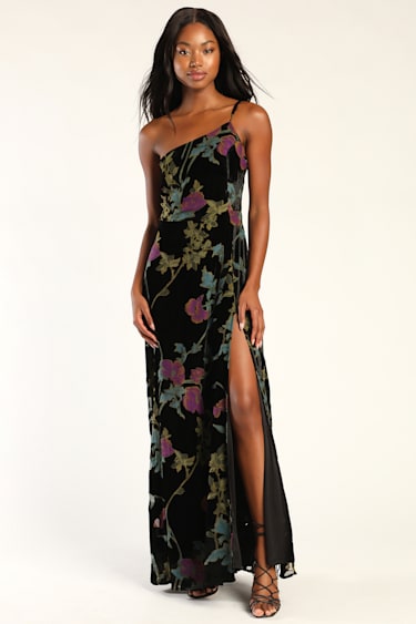Luxurious Romance Black Floral Burnout Velvet One-Shoulder Dress