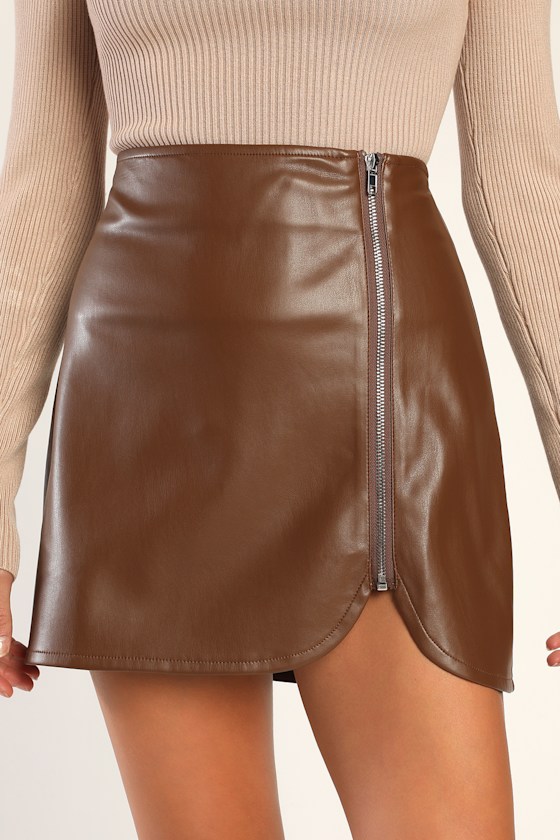 Meant to Stand Out Brown Vegan Leather Zip-Front Mini Skirt 1
