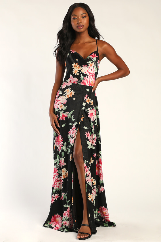 Lulus Love Of Romance Black Floral Print Satin Cowl Neck Maxi Dress
