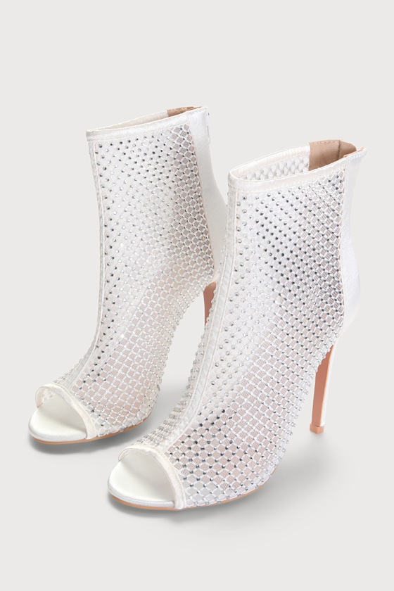 Hakka White Satin Rhinestone Peep-Toe Booties 2