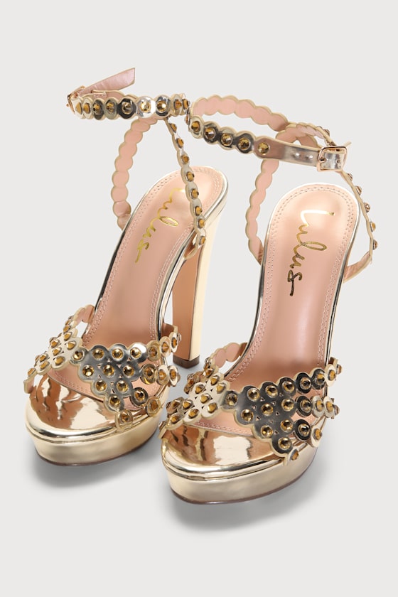 Fessy Gold Metallic Rhinestone Platform High Heel Sandals 3