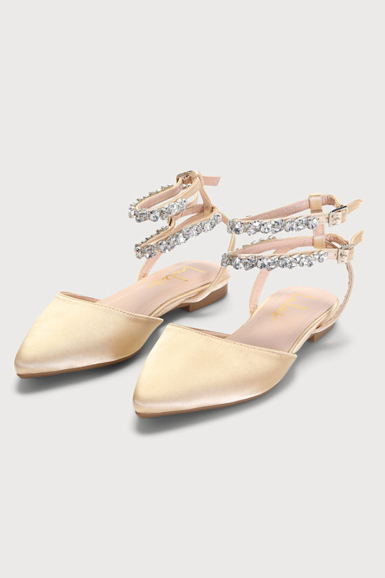 Boxton Champagne Satin Rhinestone Pointed-Toe Ankle Strap Flats 2