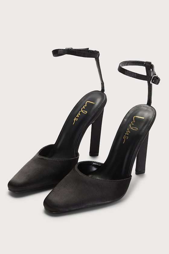 Glundy Black Satin Ankle Strap Pointed-Toe Pumps 1