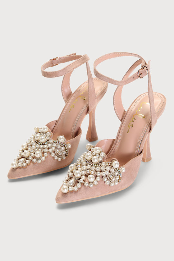 Florine II Light Nude Suede Pearl Pointed-Toe Pumps 3