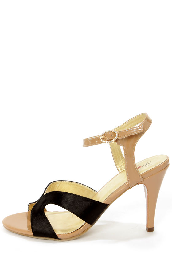 Promise Little Black Satin and Tan Patent Dress Sandals - $35.00 - Lulus