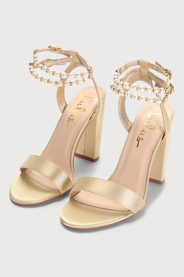 Kaylyn Gold Pearl Rhinestone Ankle Strap High Heel Sandals