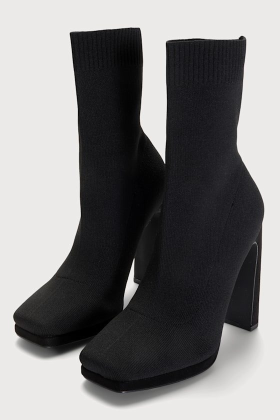 Synoy Black Knit Square Toe Mid-Calf Sock Boots 4