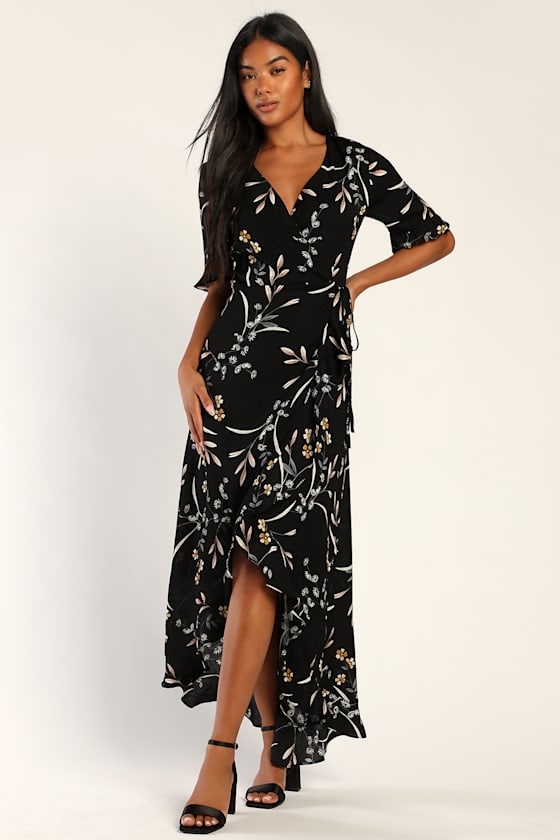 Wild Winds Black Floral Print High-Low Wrap Dress 5