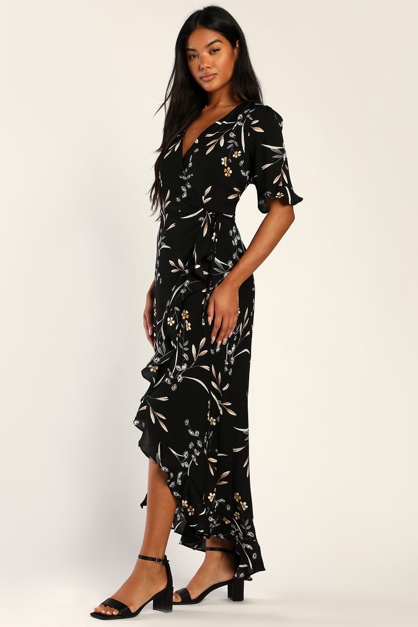 Cute Black Floral Print Dress - High-Low Dress - Wrap Dress - Lulus