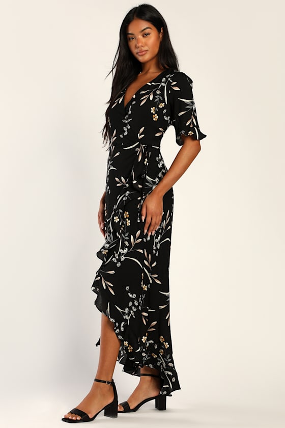 Wild Winds Black Floral Print High-Low Wrap Dress 7