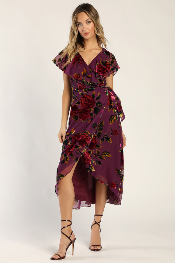 Pellucid Purple Floral Ruffled Wrap Dress Large