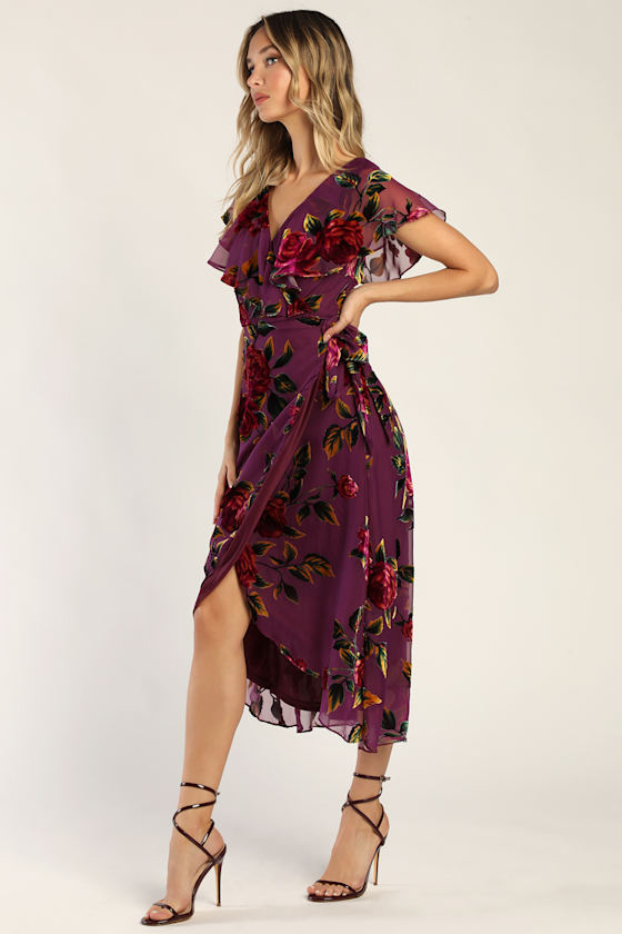 Floral Passions Plum Purple Floral Velvet Wrap Midi Dress 2