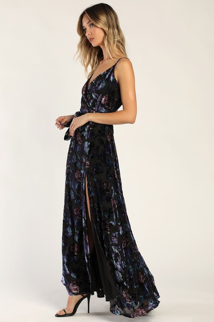 Pretty Companion Black Floral Velvet Burnout Maxi Dress